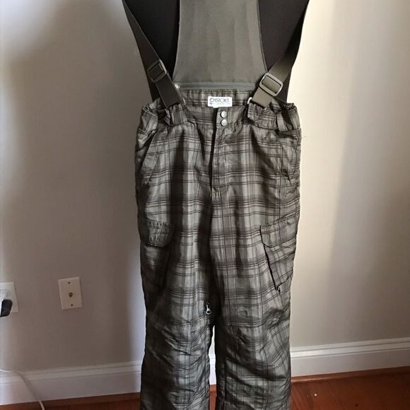 Cherokee Youth Unisex Green Plaid Ski Snow Pants Medium 8/10 Suspender Pockets - Picture 1 of 10